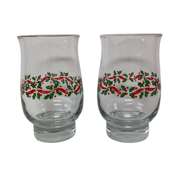 2 Christmas Glasses Tumblers Candle Holders Holly Berry Multi-Use Holiday Decor - Picture 4 of 14